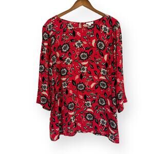 J. Jill Womens Red Black Floral Blouse Top Size XL Boat Neck 3/4 Sleeve Boho